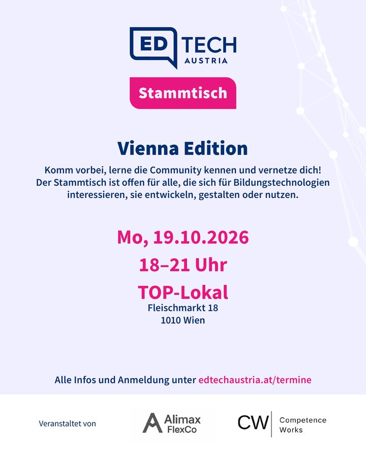 EdTech Austria Stammtisch, Vienna Edition poster: Mon 19 Oct 2026, 18:00–21:00, TOP-Lokal, Fleischmarkt 18, 1010 Vienna.